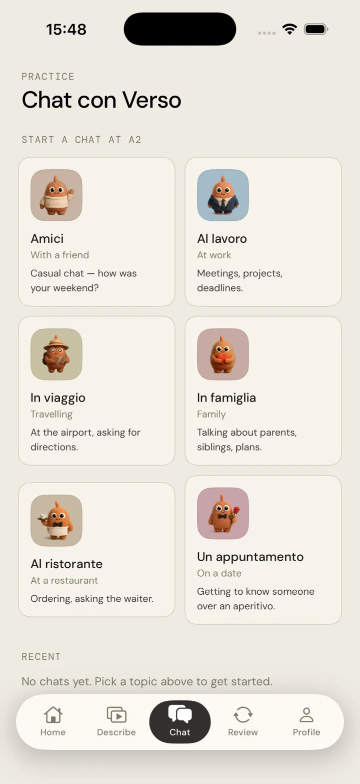 Chat con Verso screen showing six conversation scenarios at A2 level — Amici, Al lavoro, In viaggio, In famiglia, Al ristorante, Un appuntamento