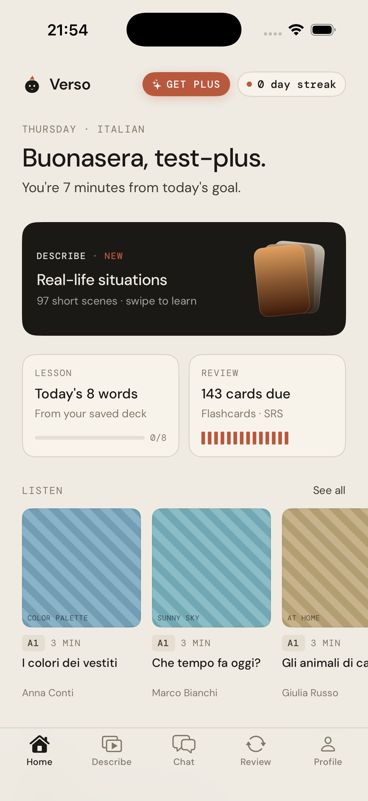 Verso home screen showing the daily landing view, Describe card, lesson and review tiles