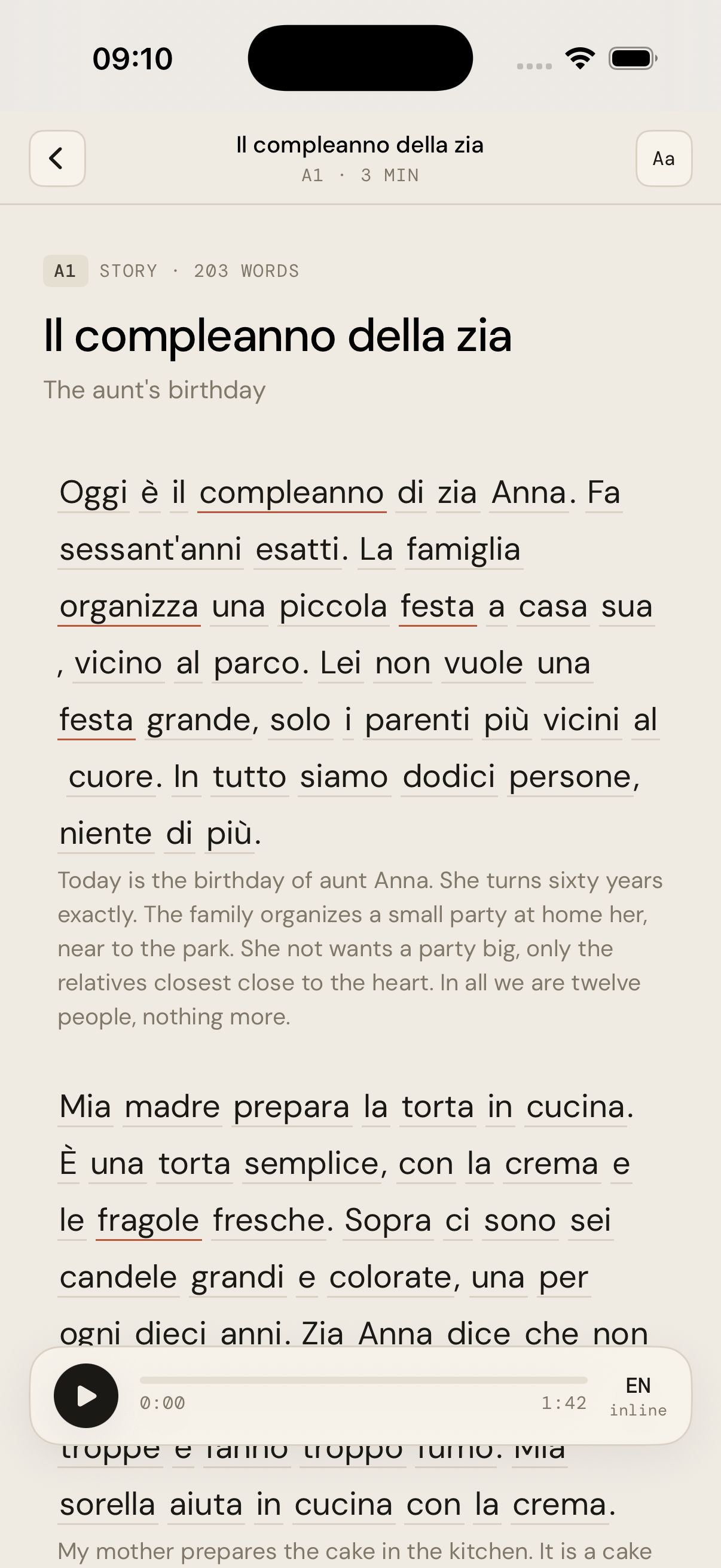 Story reader screen showing Il compleanno della zia, Italian paragraph with tap-underlined words and English translation below
