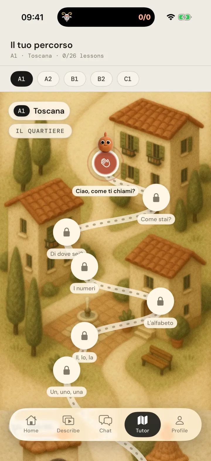 Verso tutor map: Olo standing on the first A1 lesson, Ciao, come ti chiami?, on a felted Tuscan village path of lessons